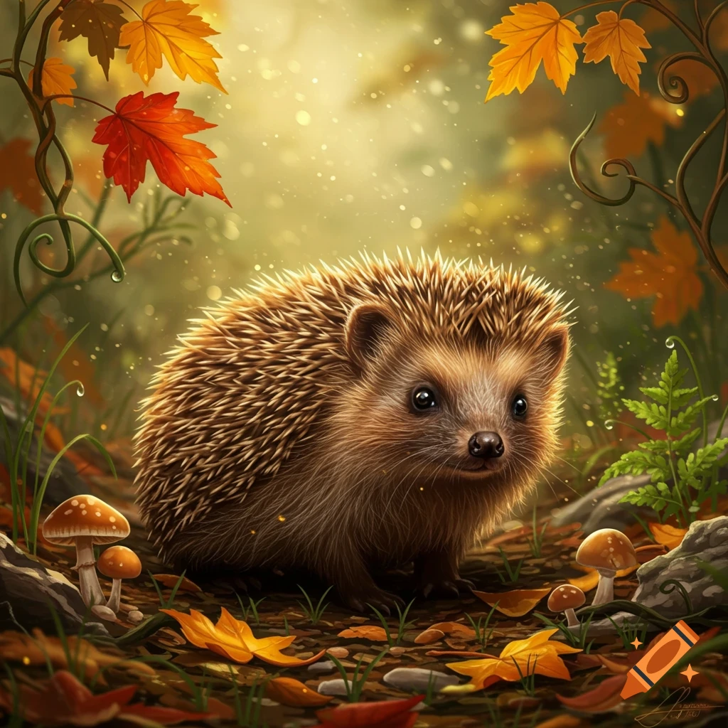 A cute hedgehog stands among fallen autumn leaves and mushrooms in a sun-dappled forest.