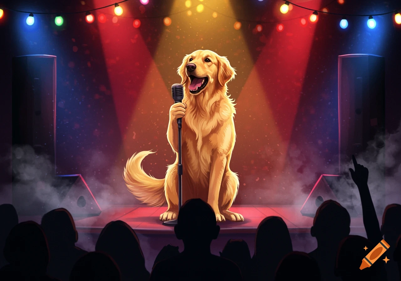 A golden retriever sits on a stage holding a microphone under colorful spotlights, performing for an audience in a cartoon style.