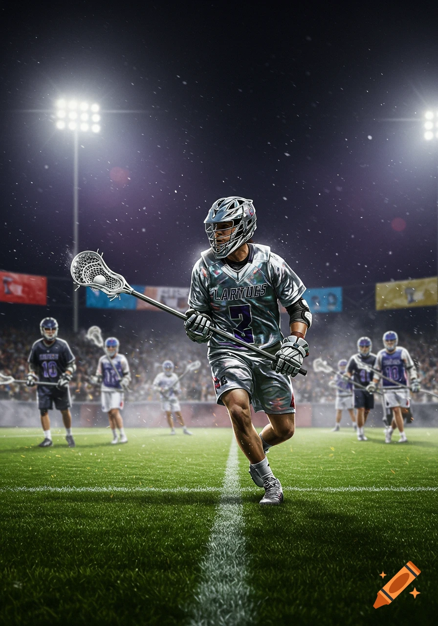 A male lacrosse player runs on a field at night under stadium lights, with other players in the background. Photorealistic style.