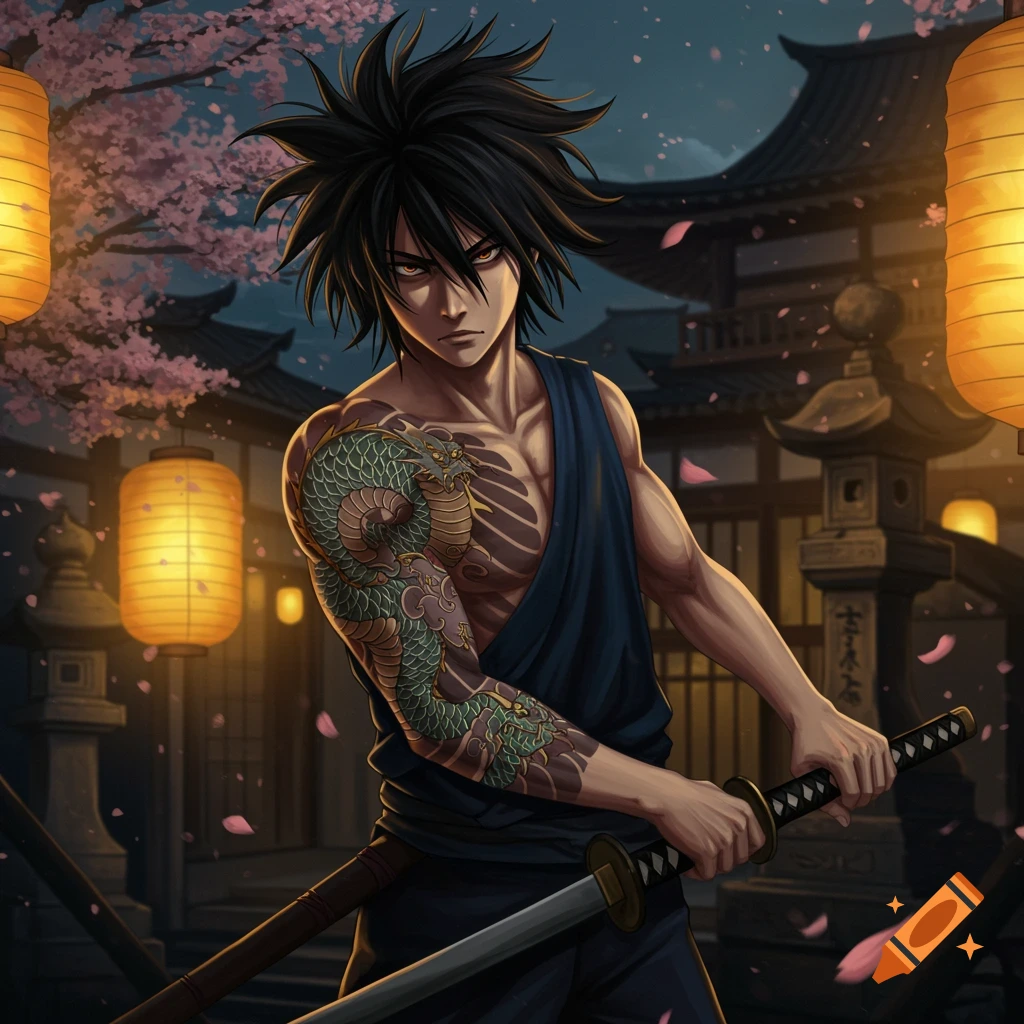 Anime-style character with spiky black hair and a yakuza dragon tattoo, holding a katana in a Japanese village at night.