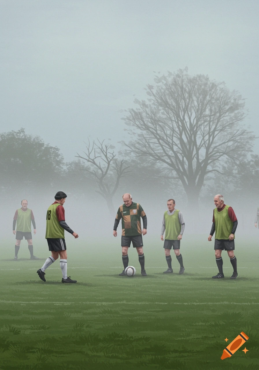 Older men play walking football on a misty green pitch, trees in the hazy background.