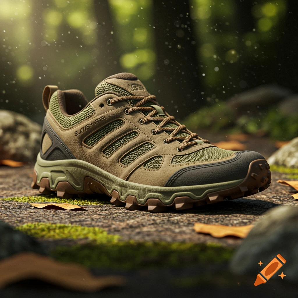 A photorealistic close-up of a brown and green hiking shoe on a mossy, rocky forest path with fallen leaves.