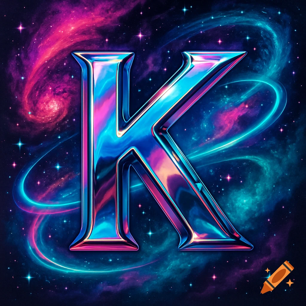 A shiny, iridescent metallic letter K against a vibrant cosmic background with pink and teal nebulae and stars.