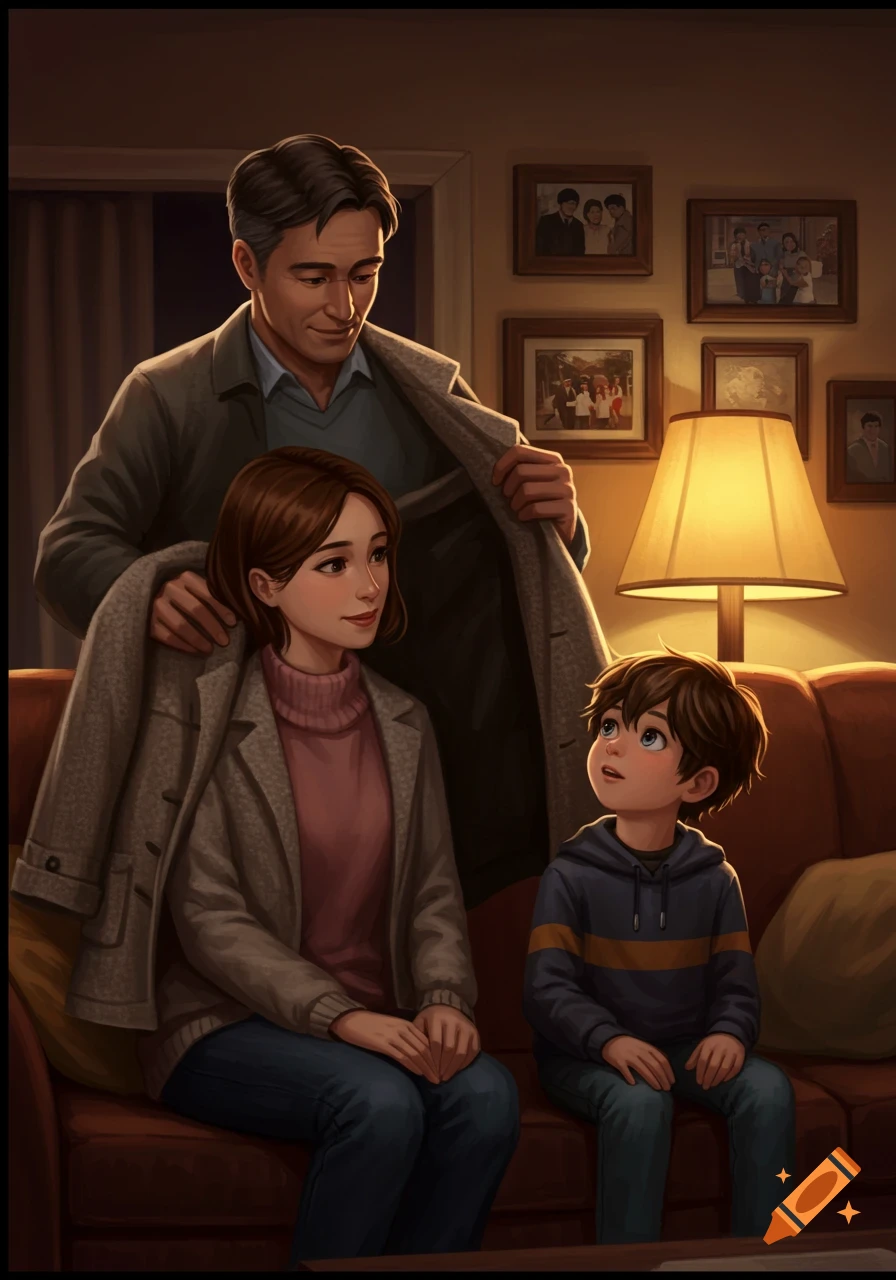 Animated illustration of a father helping his wife with her coat as their son watches with admiration in a cozy living room.