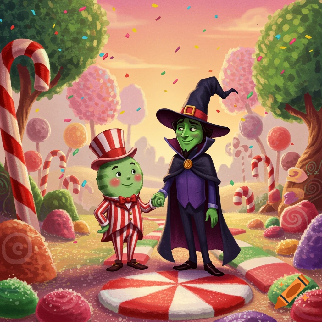 Cartoon illustration of Mr. Mint and Lord Licorice holding hands in a vibrant candy land with lollipops, candy canes, and colorful sweets.