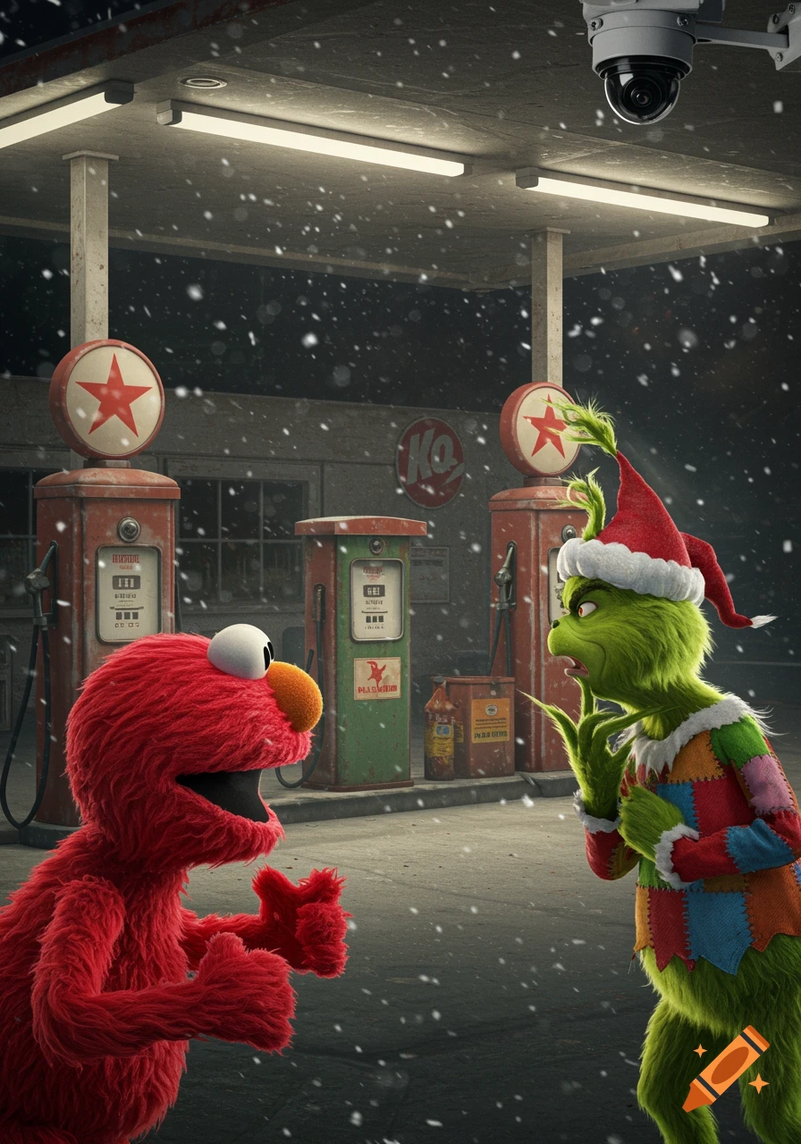 Elmo and the Grinch face each other at a snowy gas station at night, with a CCTV camera overhead. The Grinch wears a Santa hat.