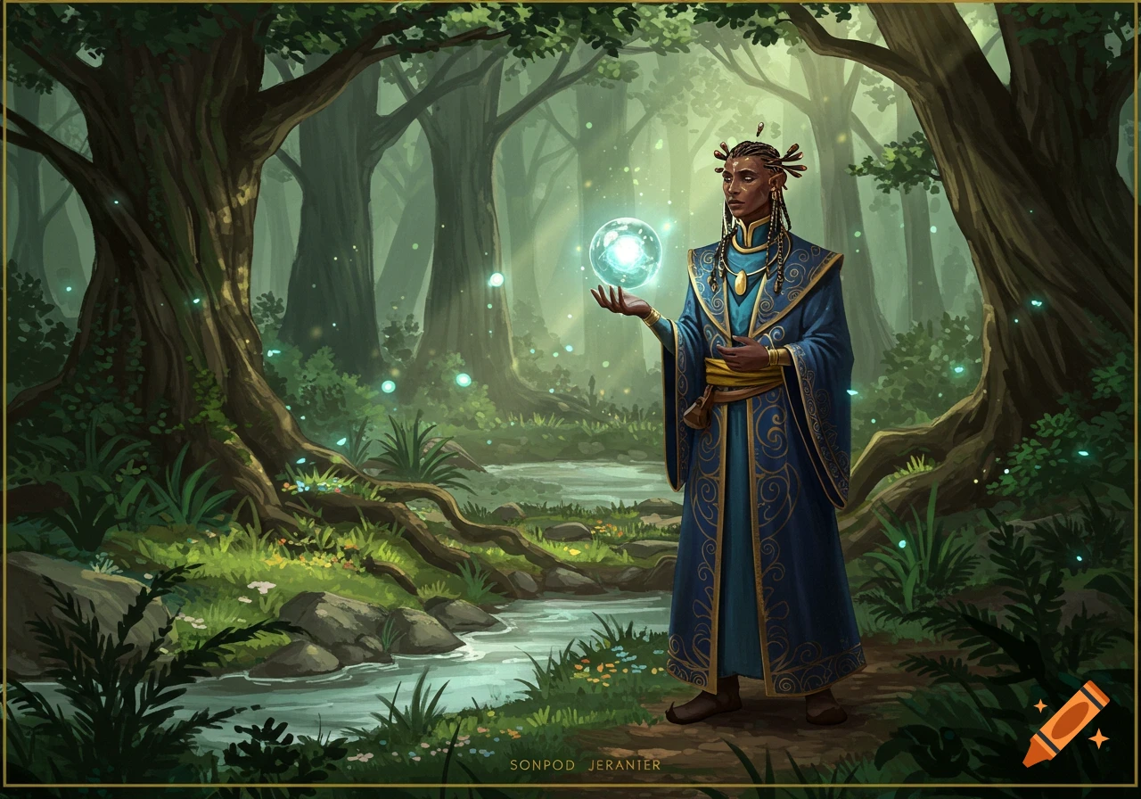 A dark-skinned person in a blue and gold robe holds a glowing magical orb in a lush, mystical forest with a stream.