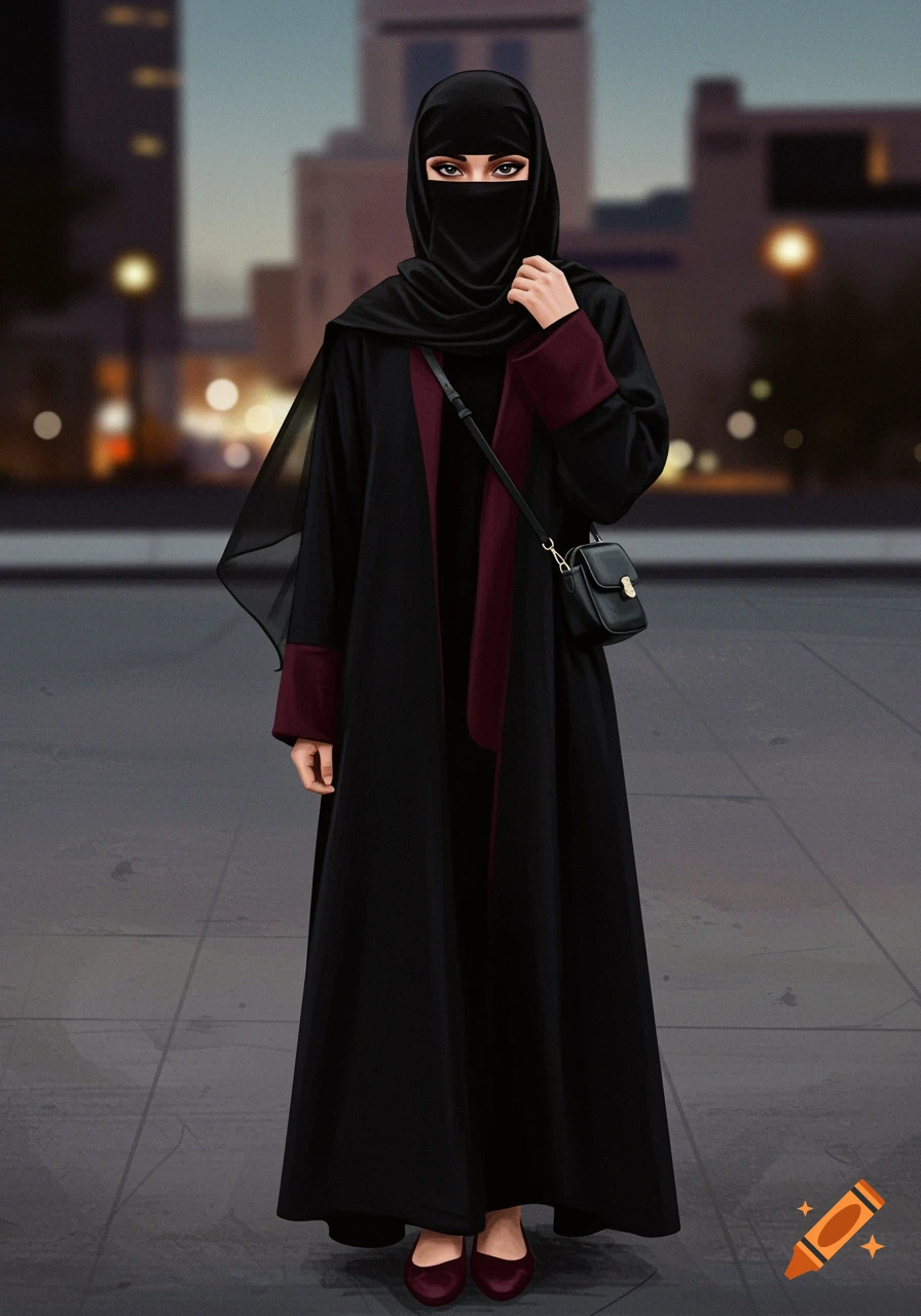 Full-body illustration of a woman in a black abaya, niqaab, and burgundy jacket, standing on a city street at dusk.