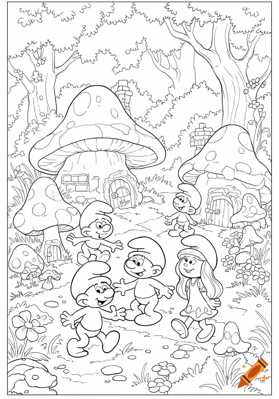 A line art illustration for a coloring book shows several Smurfs, including Smurfette, gathered around mushroom houses in a forest.