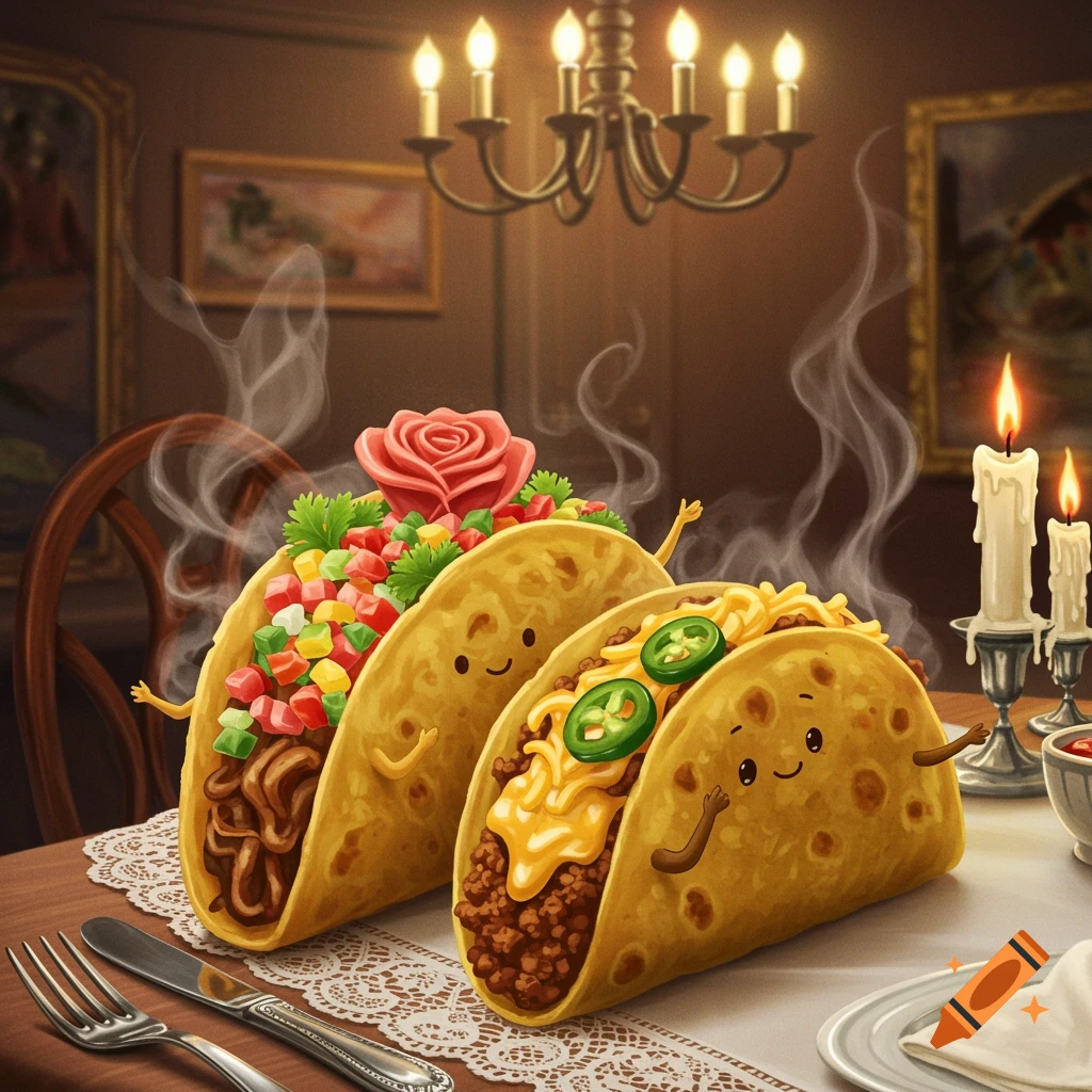 Two whimsical anthropomorphic tacos with faces and arms sit at a candlelit dinner table in a fancy dining room.