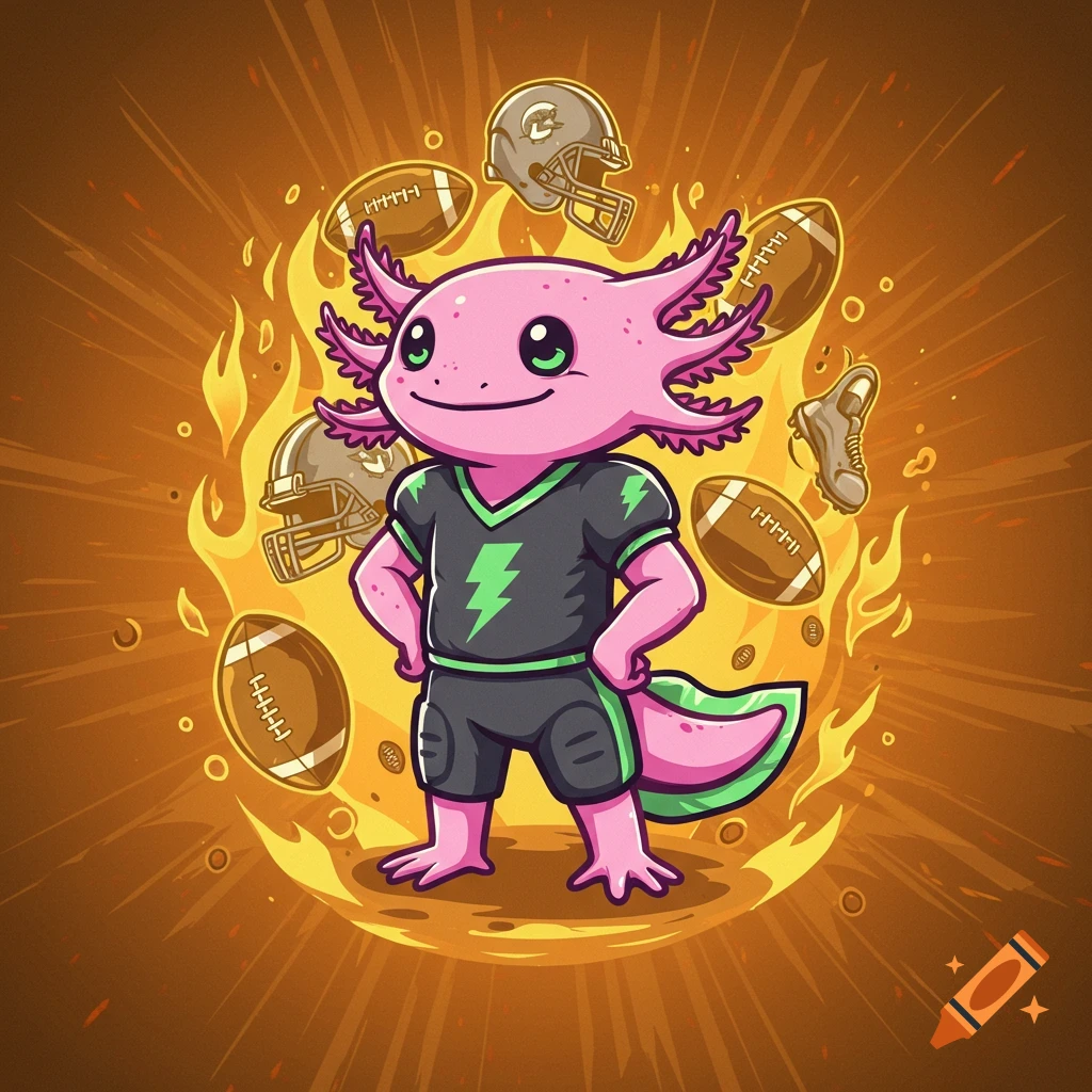 A cartoon pink axolotl mascot wearing a black football uniform with a green lightning bolt, surrounded by footballs, helmets, and orange flames.
