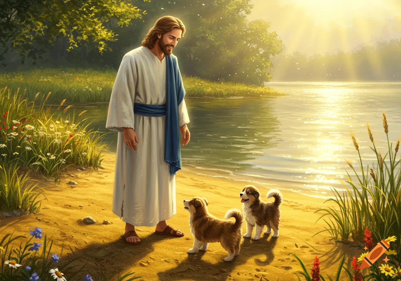 Jesus stands by a sunlit lake, smiling down at two puppies on the sandy shore, surrounded by trees and wildflowers.