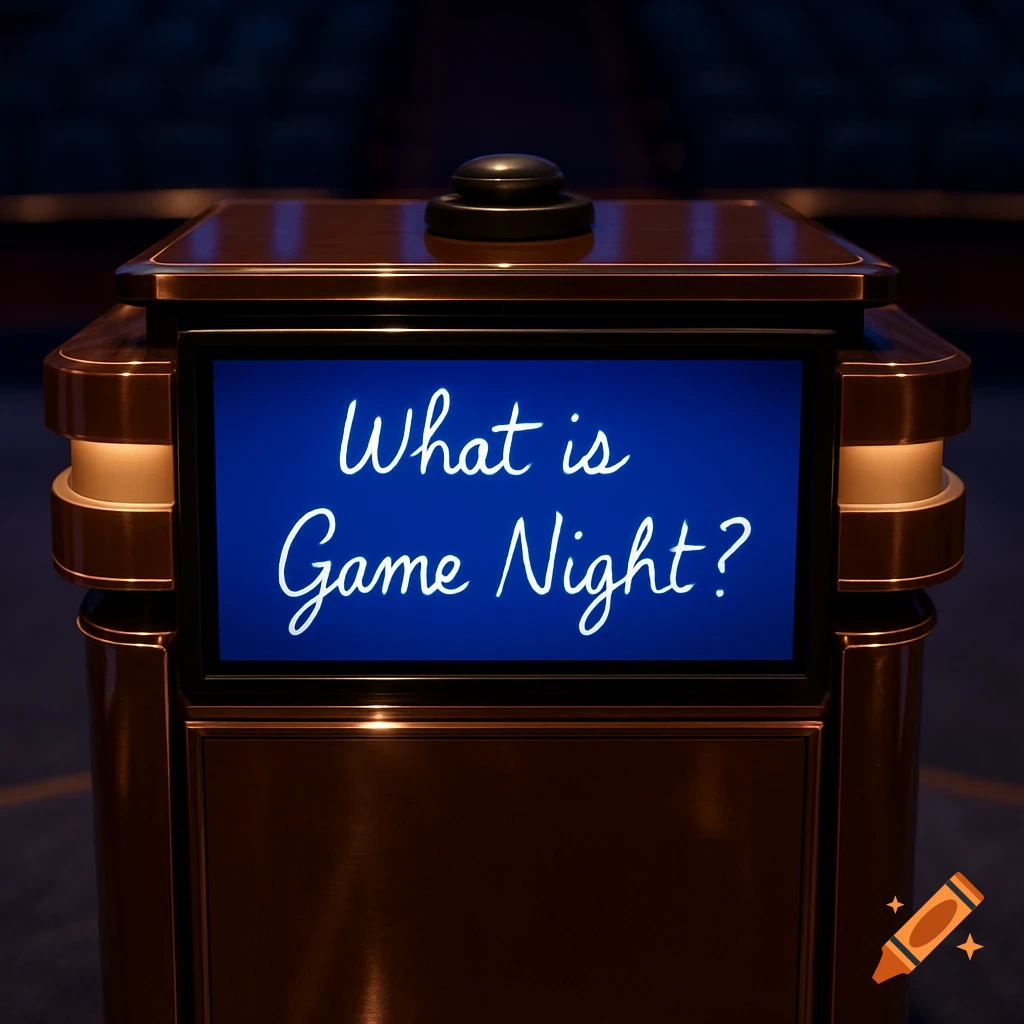 A bronze-colored game show podium with a blue screen displaying "What is Game Night?" in white cursive text.