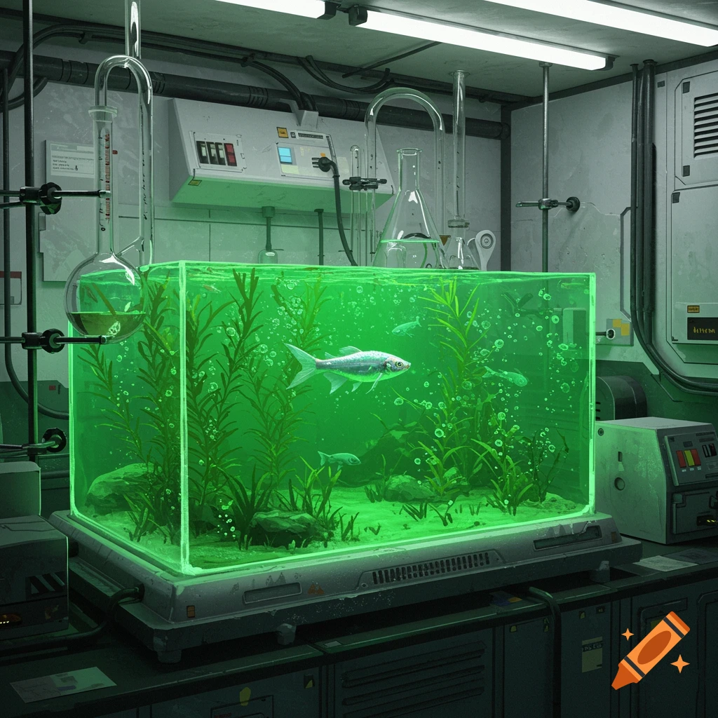 A fish tank filled with glowing green water and aquatic plants sits on a counter in a laboratory, surrounded by scientific equipment.