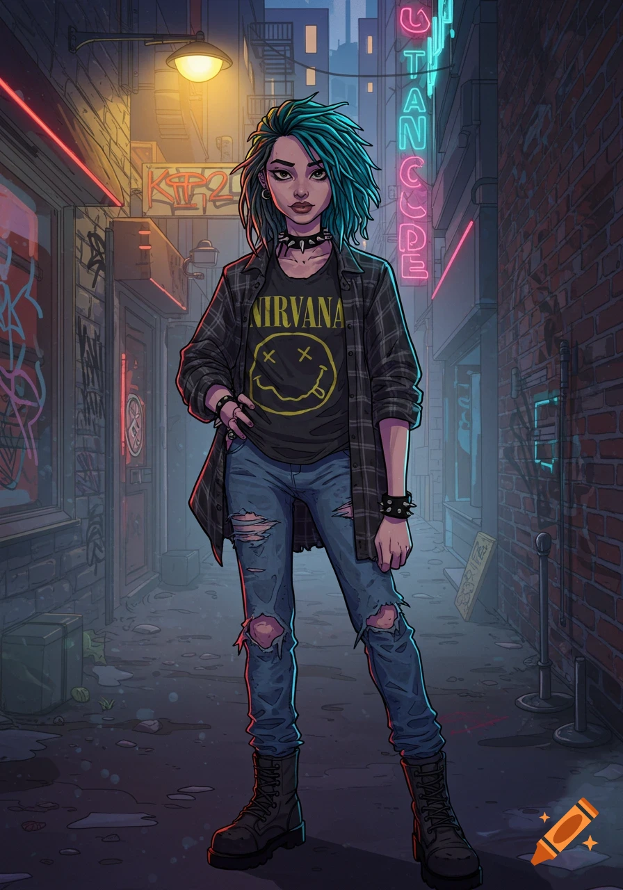 A cartoon of a young grunge woman with teal hair, wearing a Nirvana t-shirt, plaid shirt, ripped jeans, and boots, standing in a dark, neon-lit city alley.