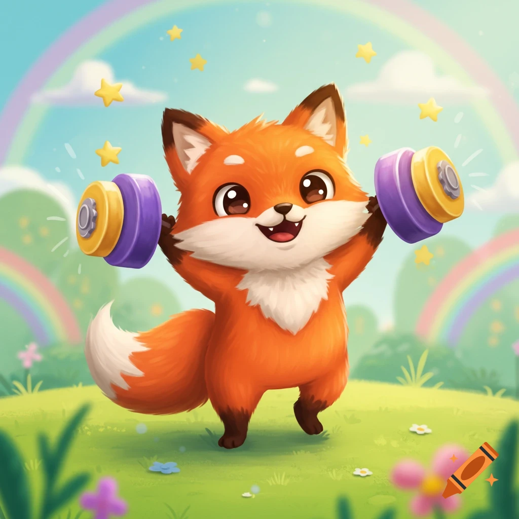 A cute cartoon fox smiles while lifting purple and yellow dumbbells in a sunny, rainbow-filled field.