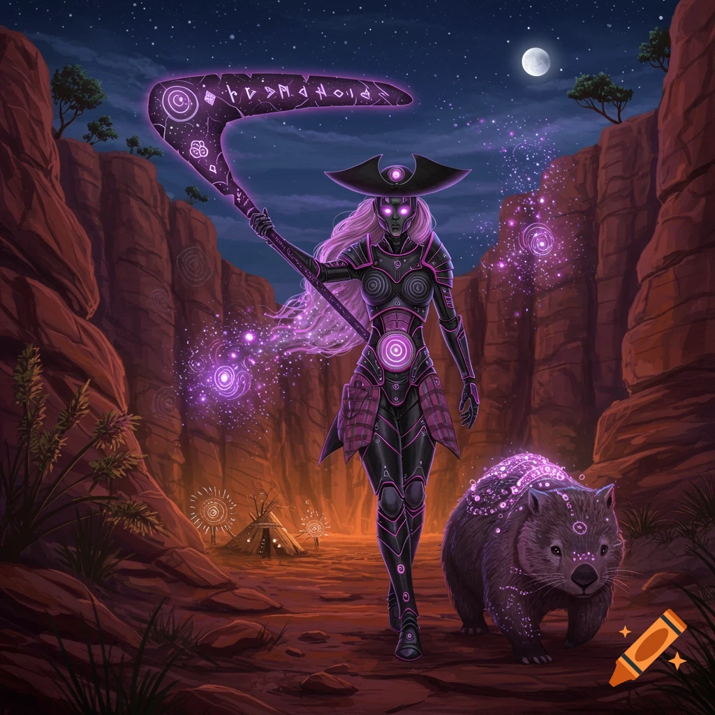 An armored fantasy warrior with glowing purple hair and a giant glowing boomerang walks through a red canyon at night, followed by a glowing wombat under a moonlit sky.