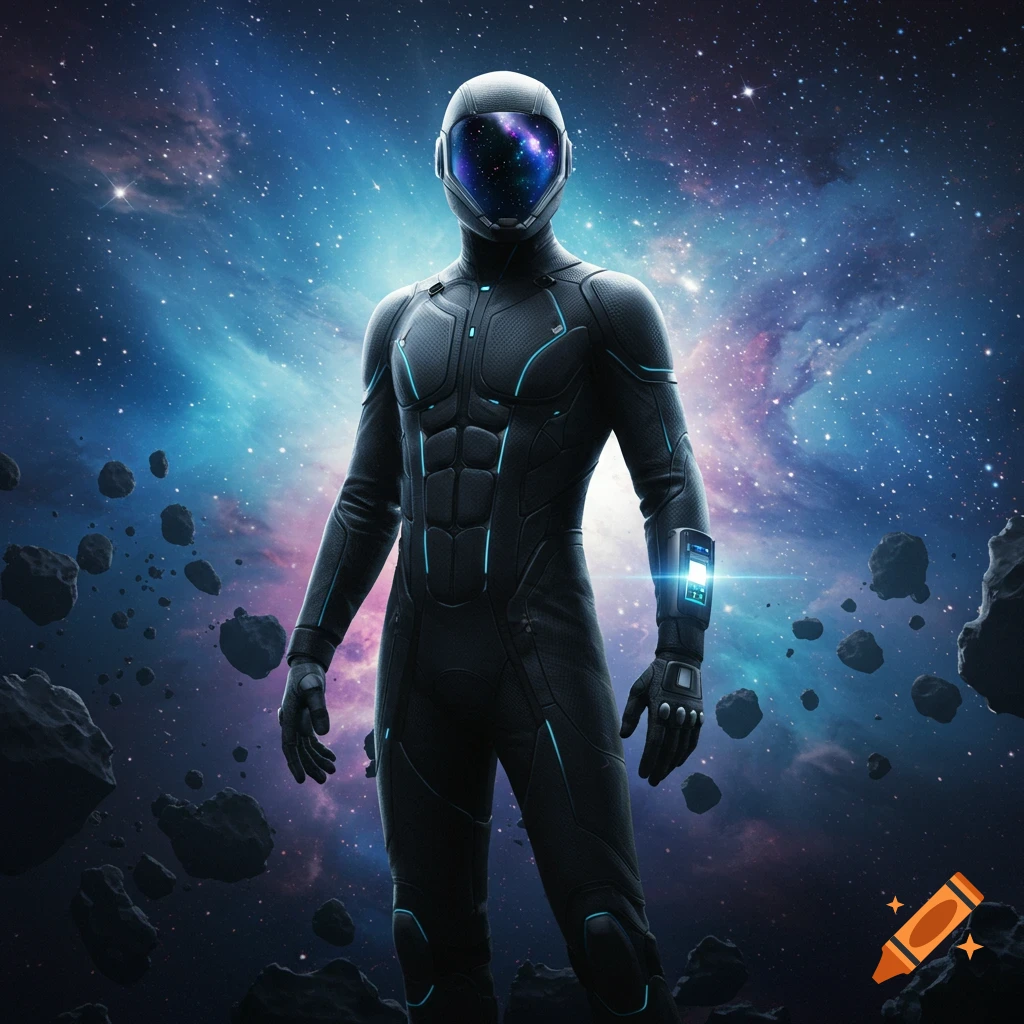 A person in a black, futuristic suit with glowing blue accents and a space-filled helmet visor stands in deep space surrounded by asteroids.