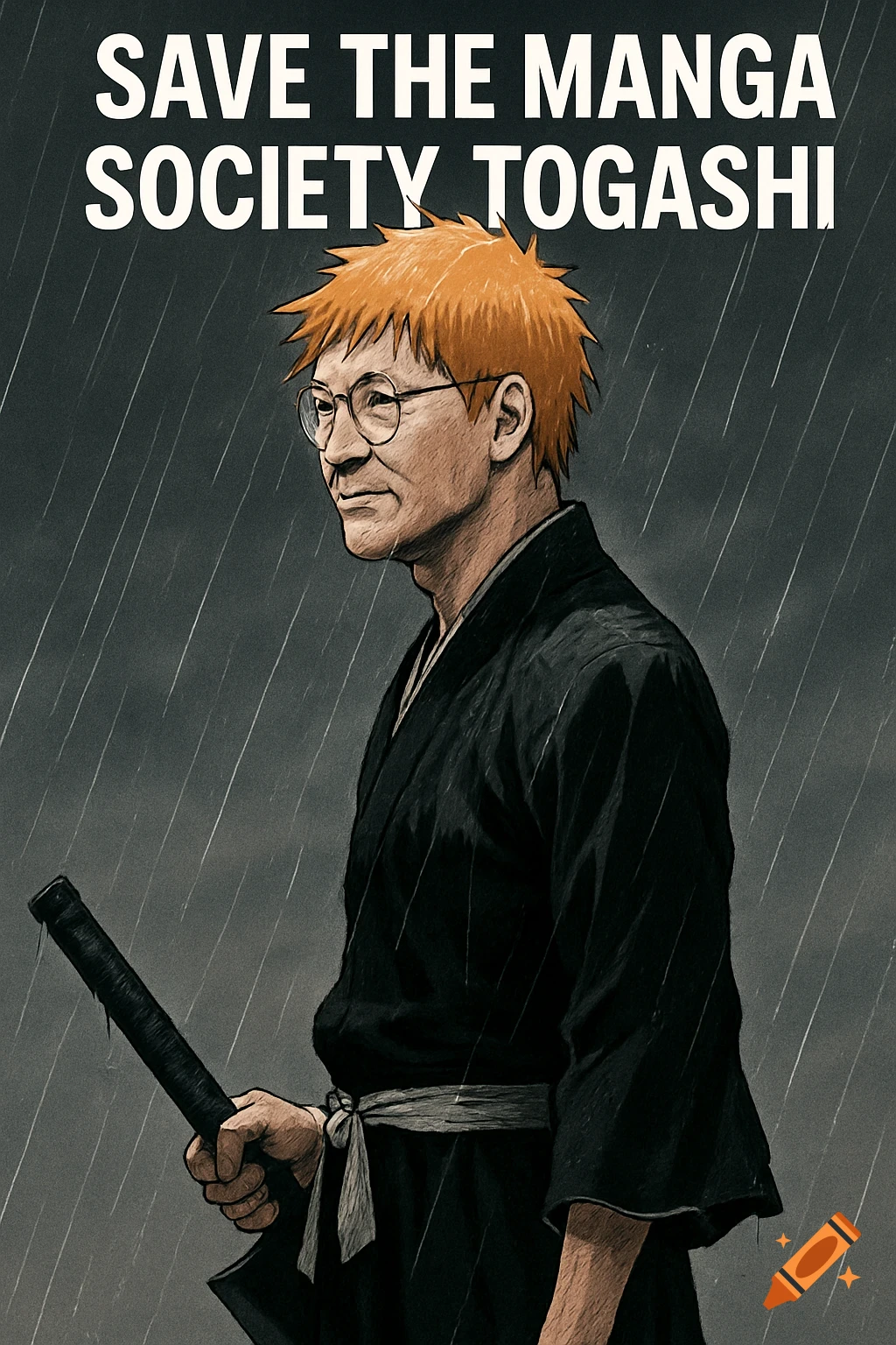 An illustration of a man with spiky orange hair and glasses, resembling Yoshihiro Togashi, dressed in a black kimono, holding a sword in the rain. Text reads 'SAVE THE MANGA SOCIETY TOGASHI'.
