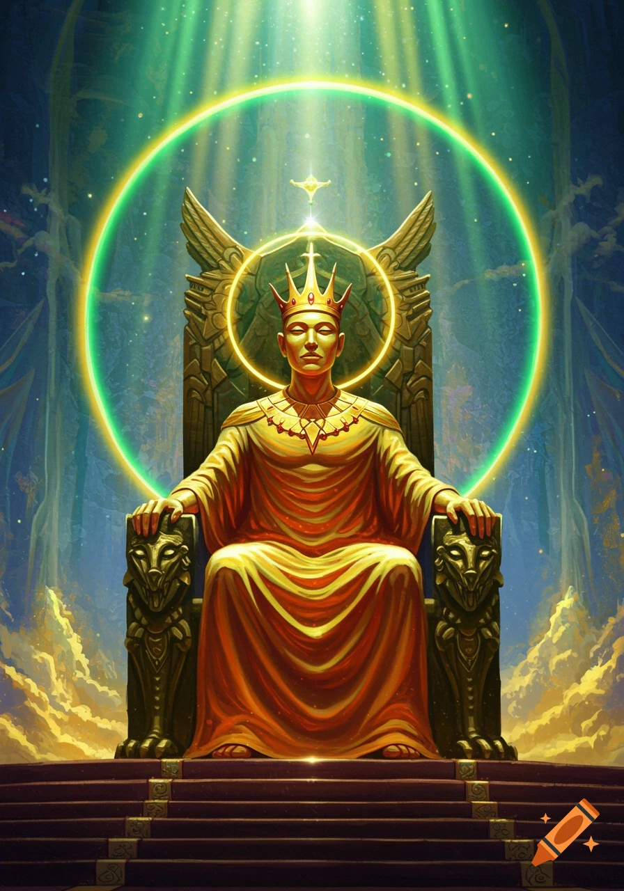 A golden robed figure with a crown sits on an ornate throne under a radiant green halo and beams of light.