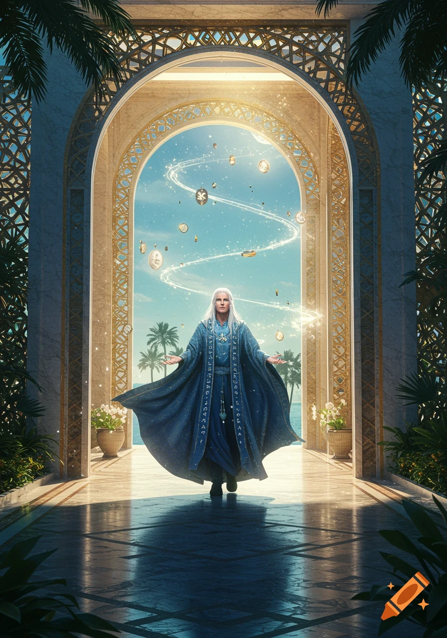 A long-haired wizard in a long blue robe stands in a grand archway with swirling magical energy and floating symbols in a bright, tropical setting.