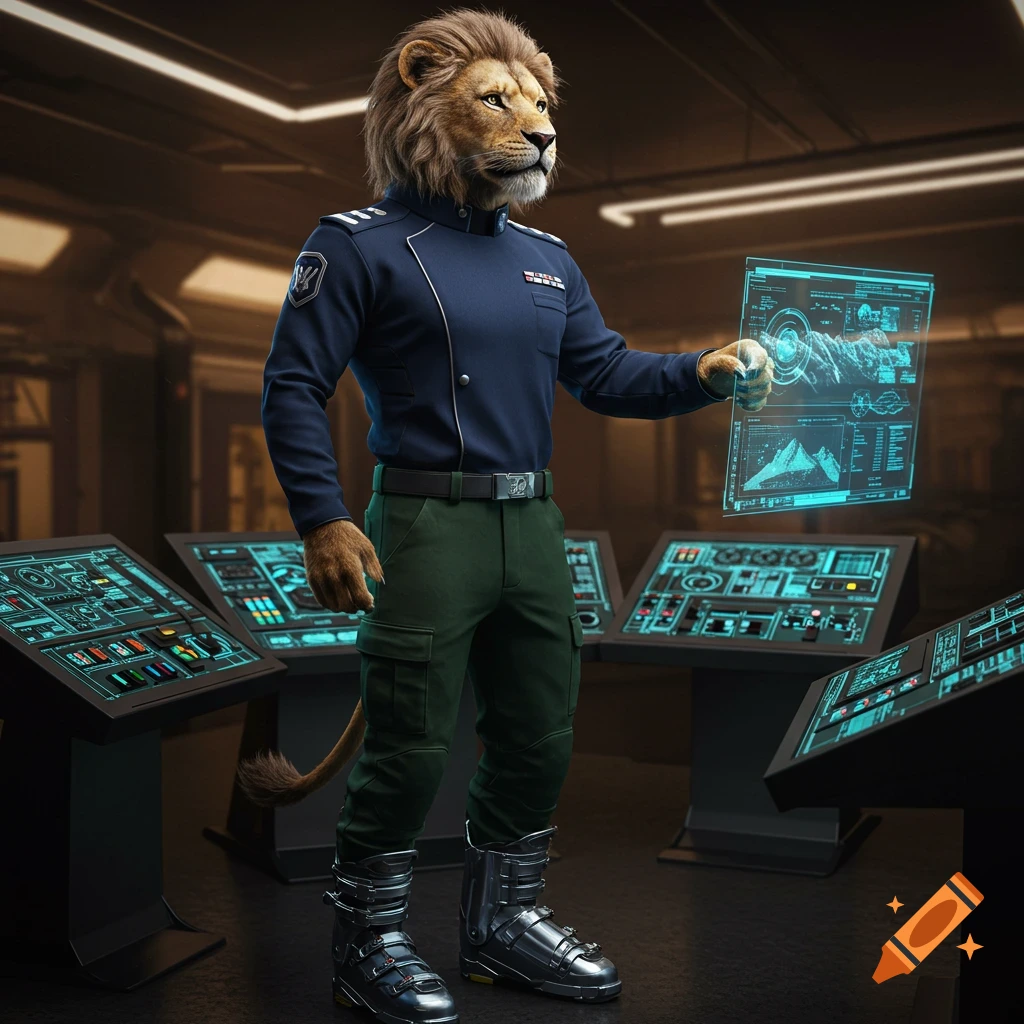 A photorealistic lion in a futuristic navy uniform, green cargo pants, and ski boots stands in a control room, holding a transparent holographic screen. Glowing consoles surround him.