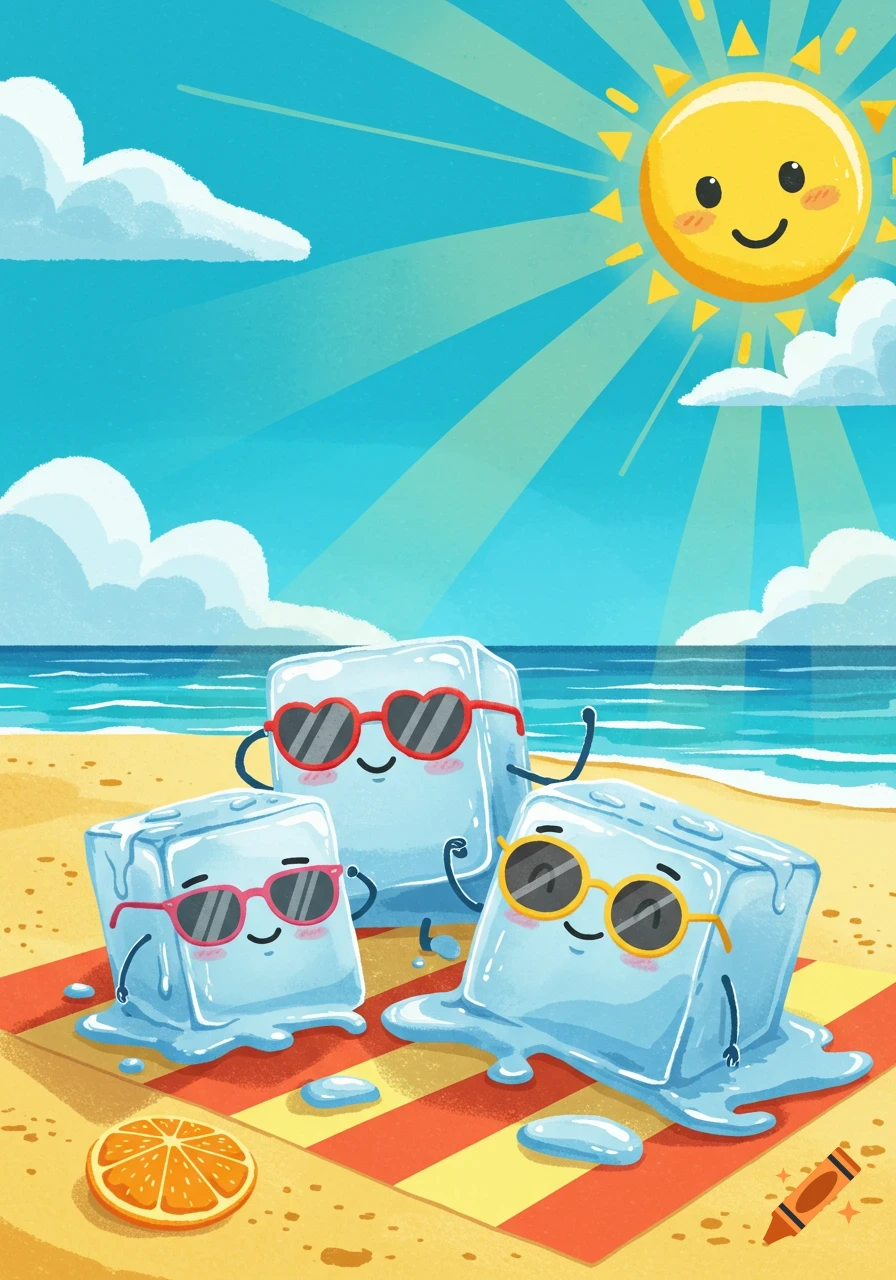 Cartoon image of three smiling ice cubes with sunglasses melting on a beach towel under a bright sun.