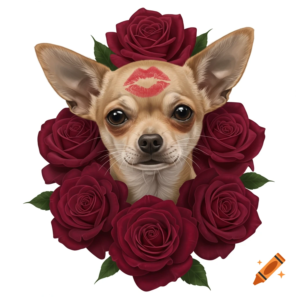 A realistic tan chihuahua with a red kiss mark on its forehead, framed by a wreath of red roses on a white background.