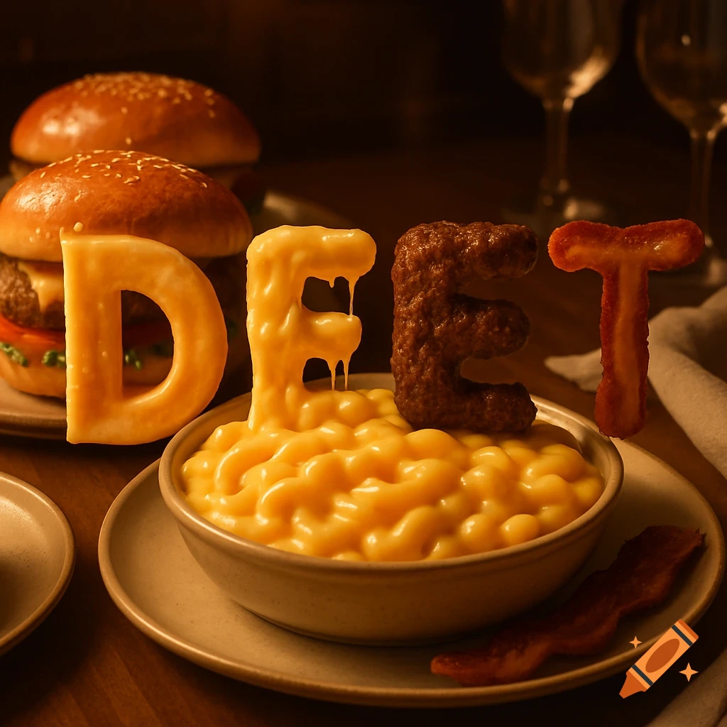 The word DEET spelled out with food, including cheesy letters, a ground meat E, and a bacon T, among burgers and mac and cheese.