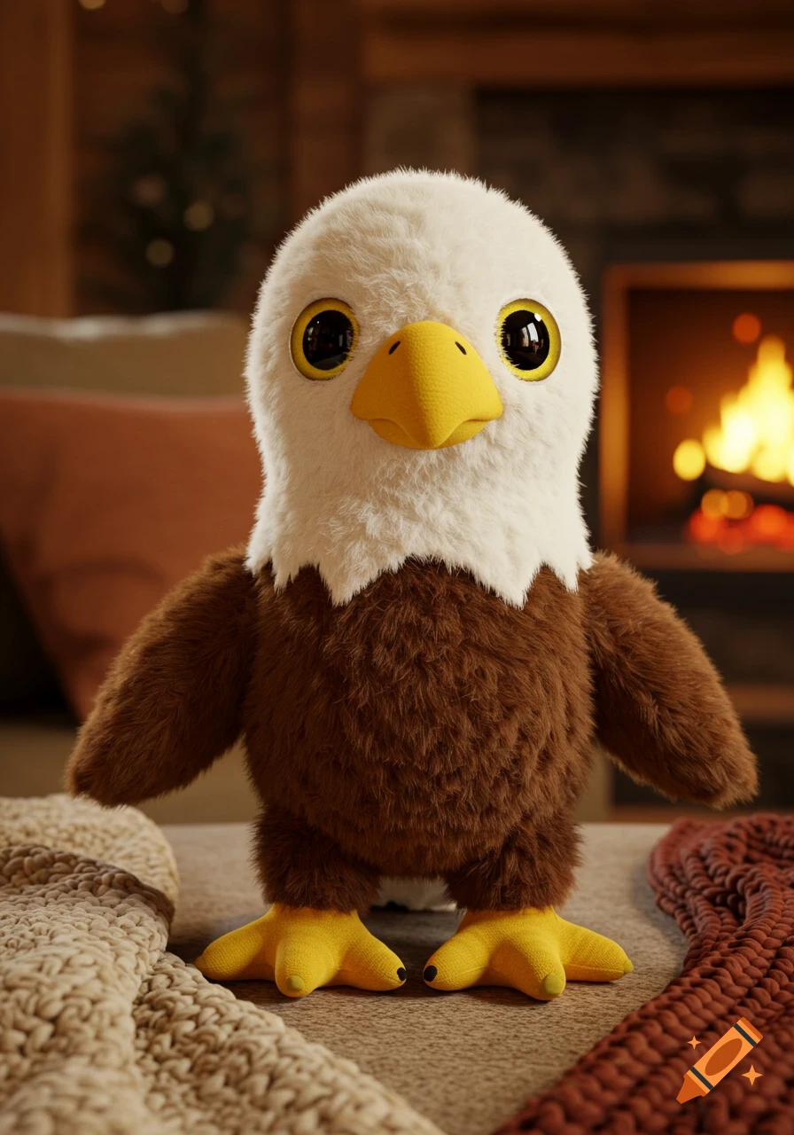 A cute, fluffy bald eagle plushie with big eyes stands on a surface in a cozy room with a blurred fireplace in the background.