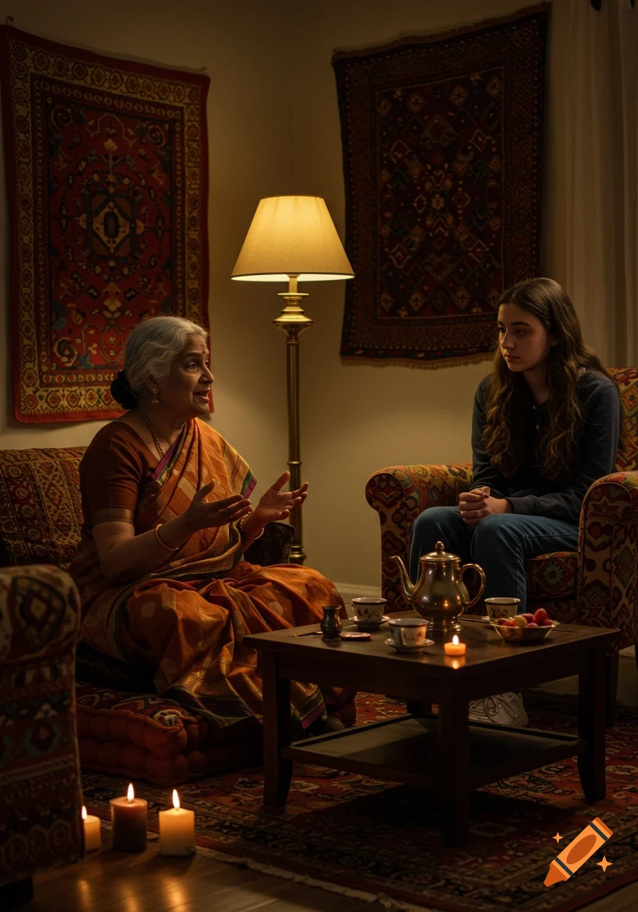 An East-Indian grandmother in a sari speaks animatedly to her teenage granddaughter in a cozy, dimly lit living room.