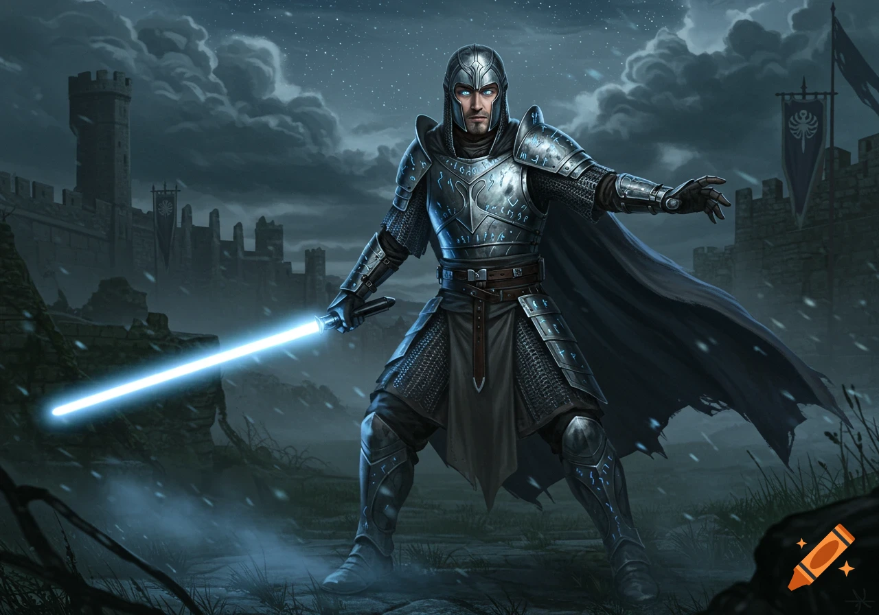 A medieval knight in ornate silver and dark armor with glowing blue eyes holds a bright blue lightsaber in a dark, snowy landscape with a castle.