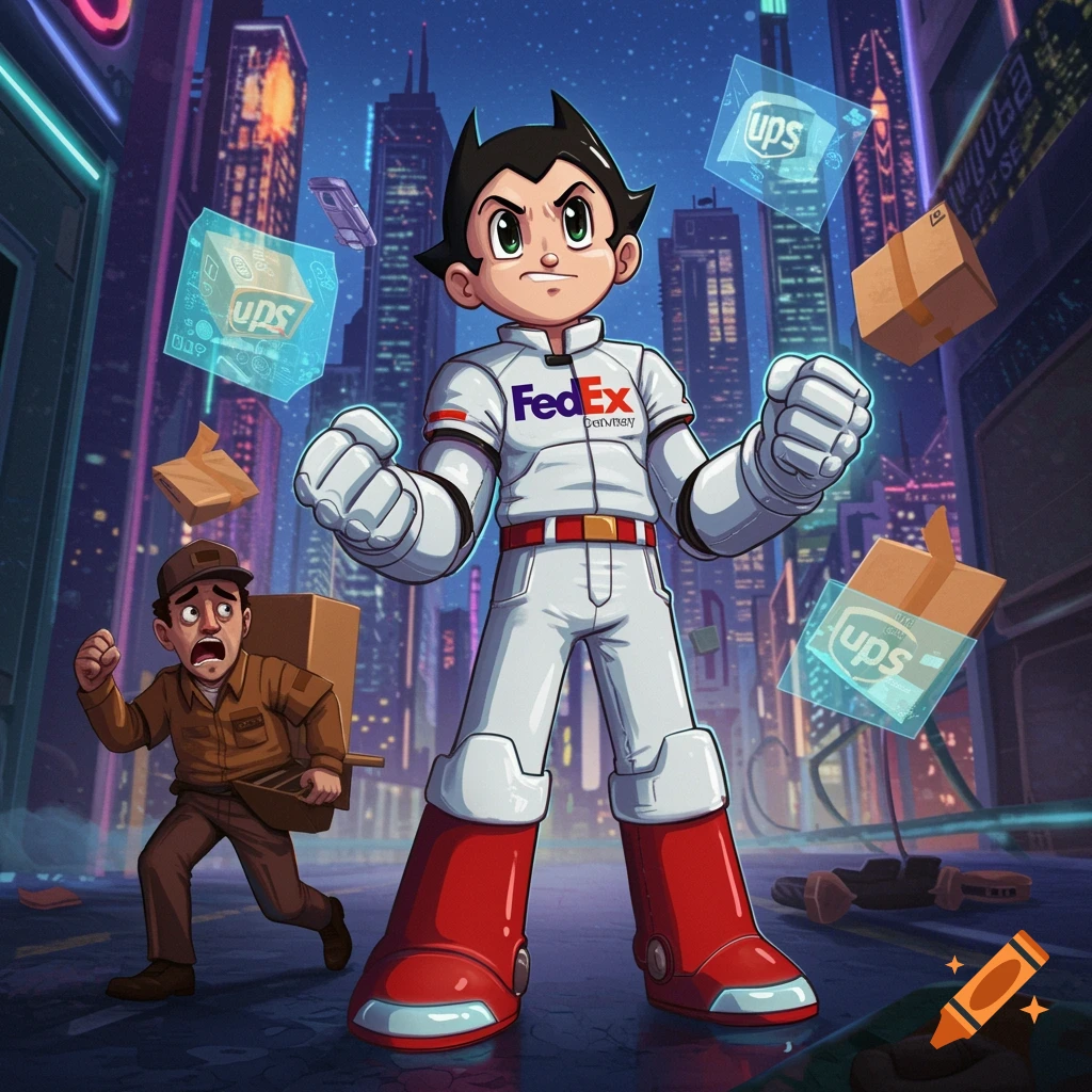 Astroboy, dressed in a white FedEx uniform, stands with fists clenched in a futuristic city, looking aggressively at a scared UPS delivery driver who runs away with a box.