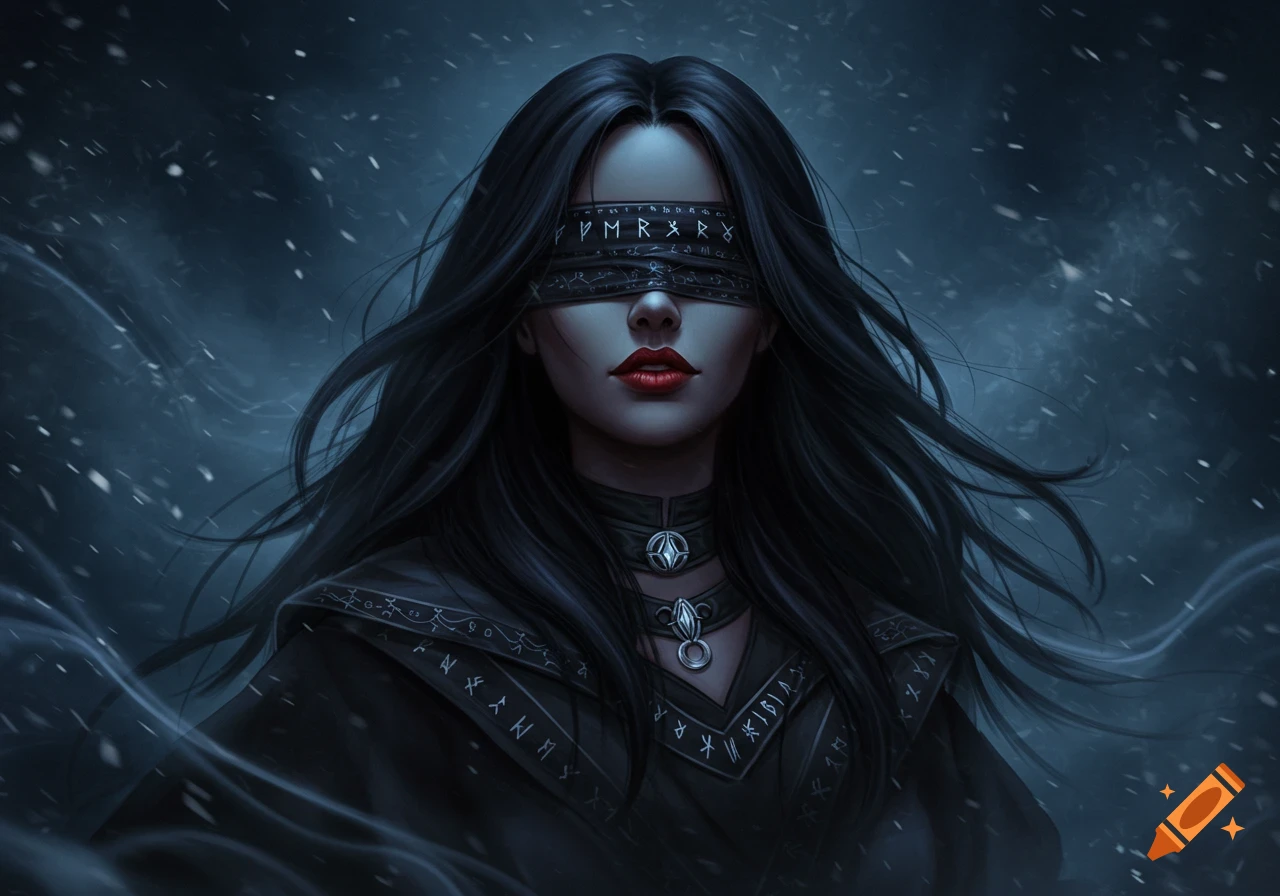 A blindfolded warlock with long dark hair and red lips, adorned with runic symbols on her blindfold and cloak, stands against a dark, snowy background.