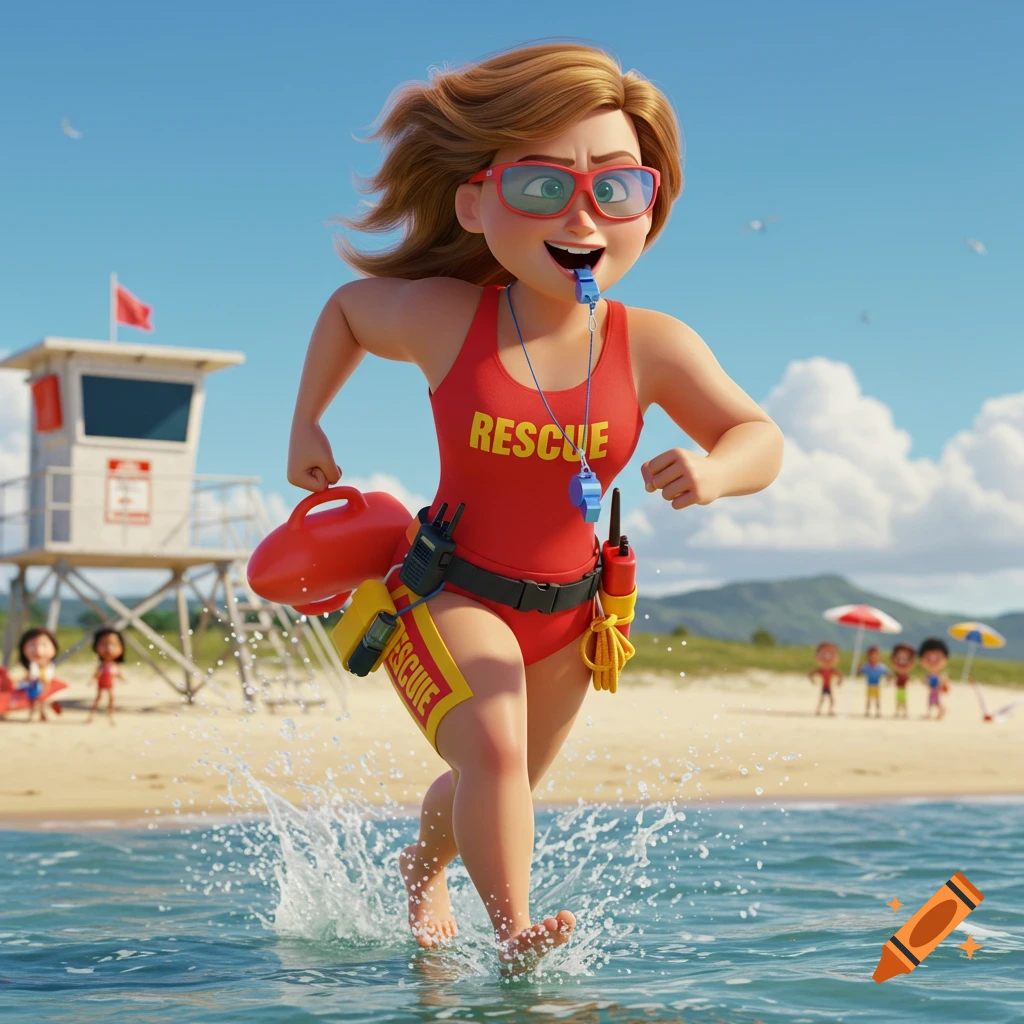 A heroic Pixar-style female lifeguard with a whistle runs through ocean surf with a rescue buoy at a sunny beach.