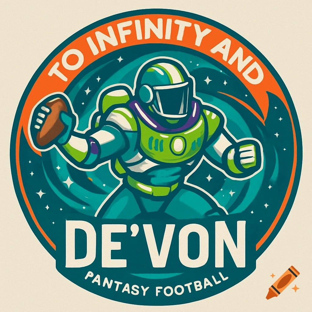 A cartoon Buzz Lightyear-themed football player in a circular logo with the text "TO INFINITY AND DE'VON PANTASY FOOTBALL" on a light background.