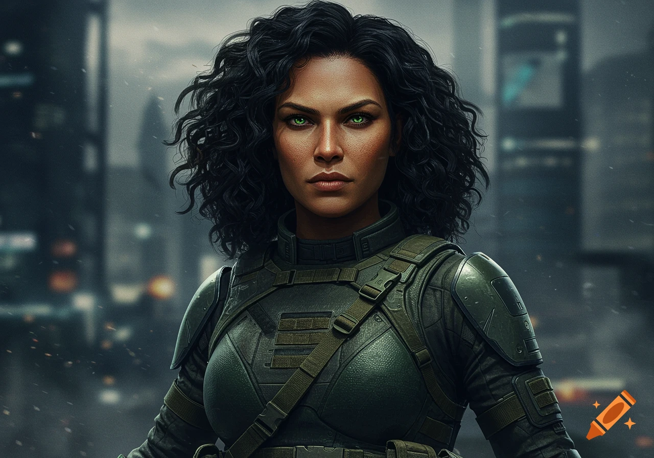 Photorealistic portrait of a woman with dark curly hair and striking green eyes, wearing green tactical gear in a futuristic city.