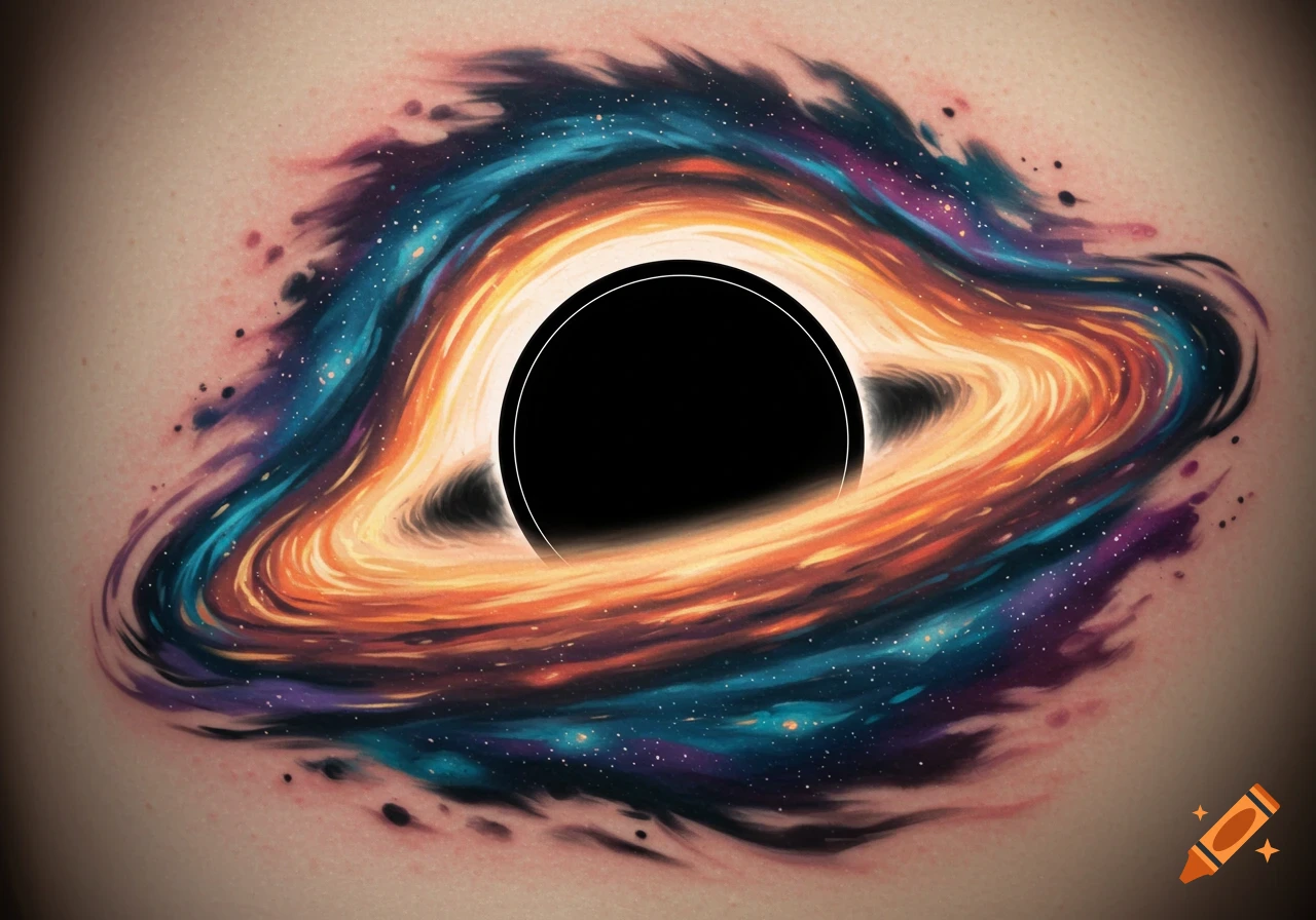 Vibrant, colorful galaxy and black hole tattoo on skin.