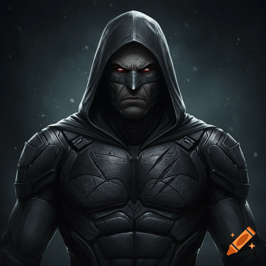 A dark armored superhero character with glowing red eyes and a hood, inspired by Batman and Wolverine.
