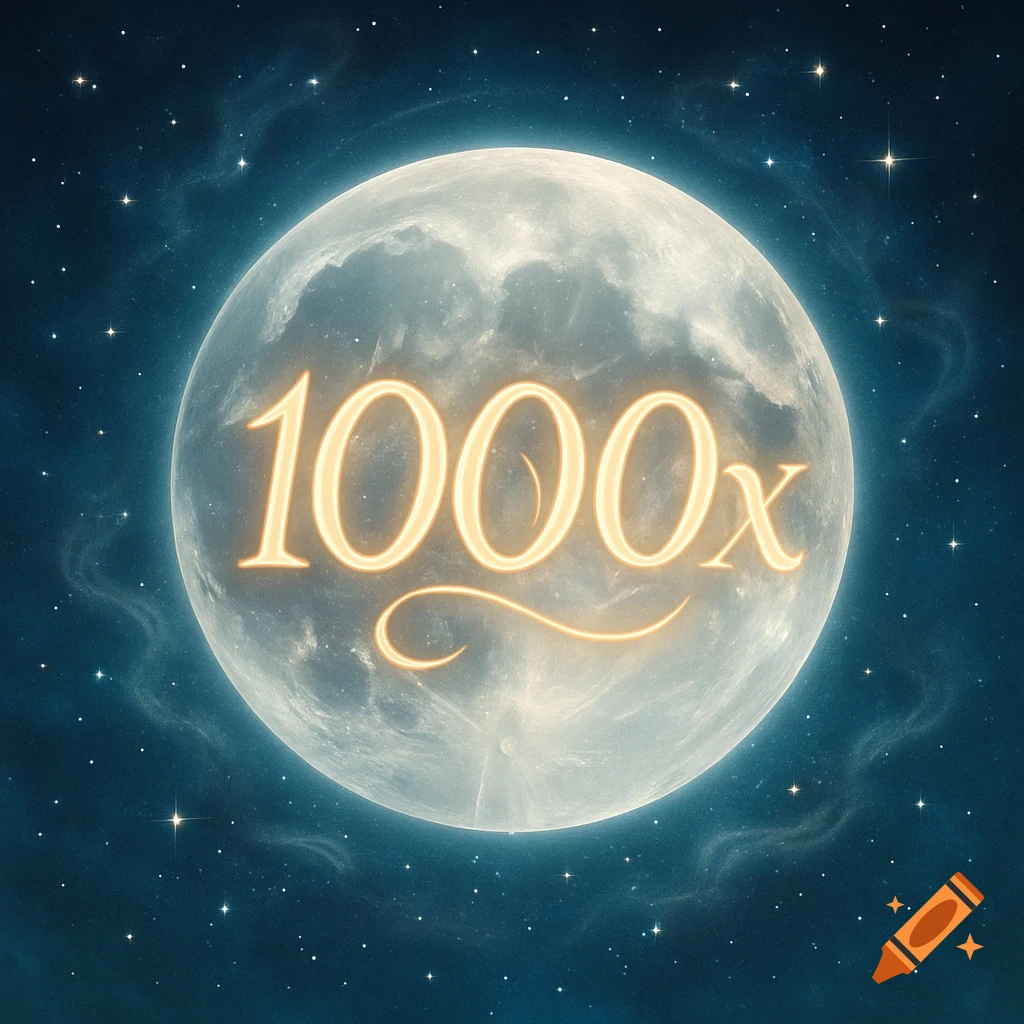 A full moon against a starry dark blue sky with glowing golden numbers '1000x' in the center.