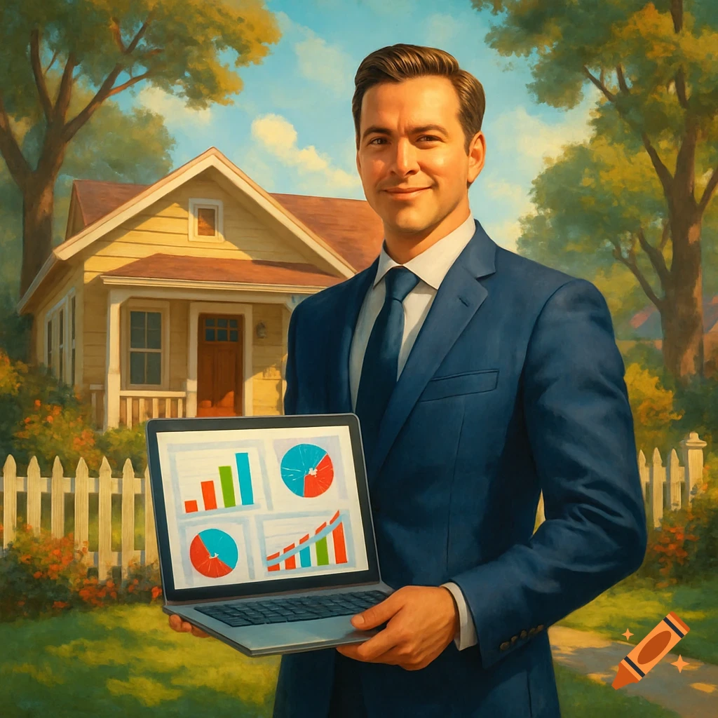 A man in a blue suit holds a laptop displaying colorful charts and graphs, standing in front of a yellow house with a white picket fence in a painterly style.