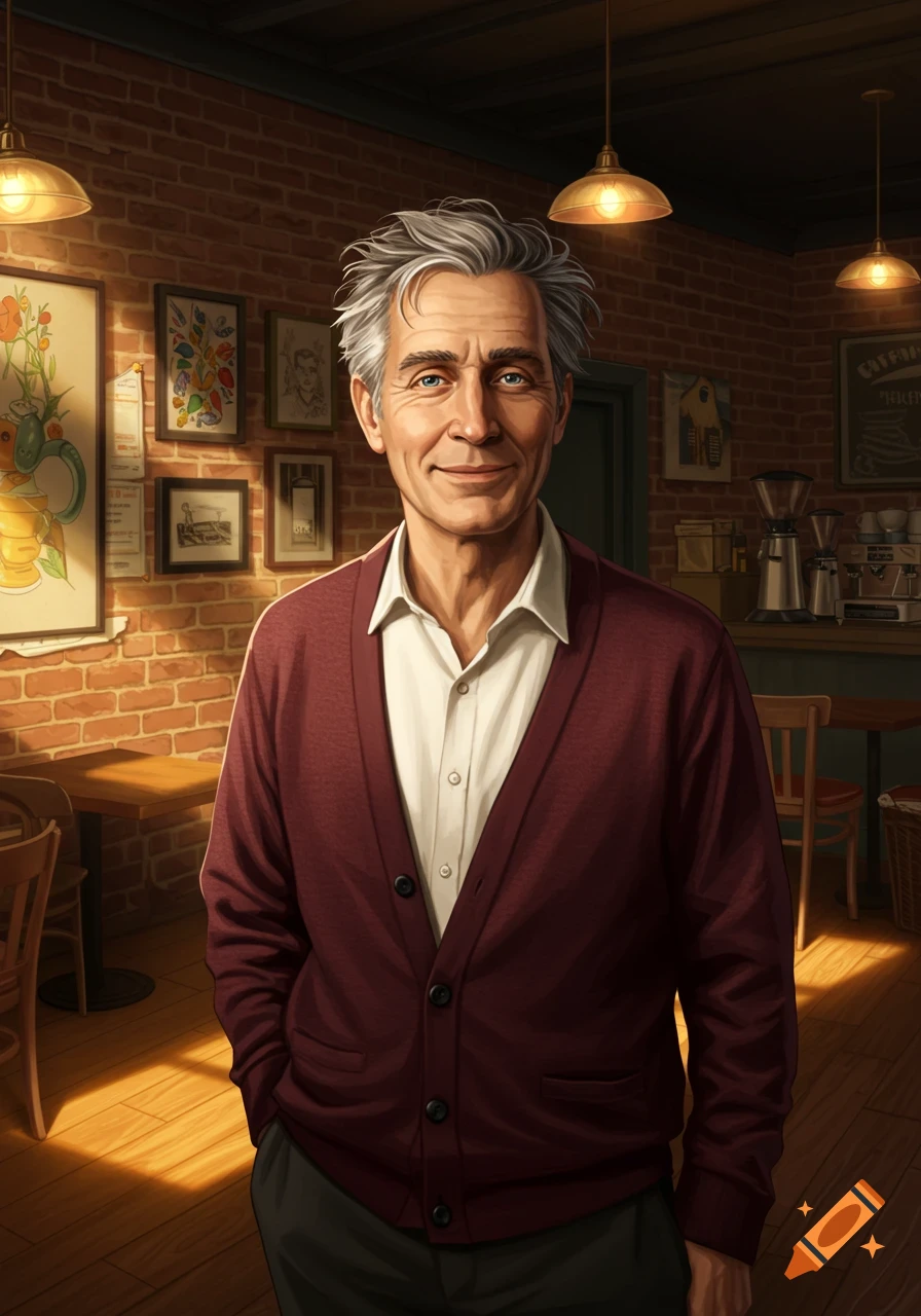 A friendly older man with grey hair and a maroon cardigan smiles, standing in a rustic cafe with brick walls.