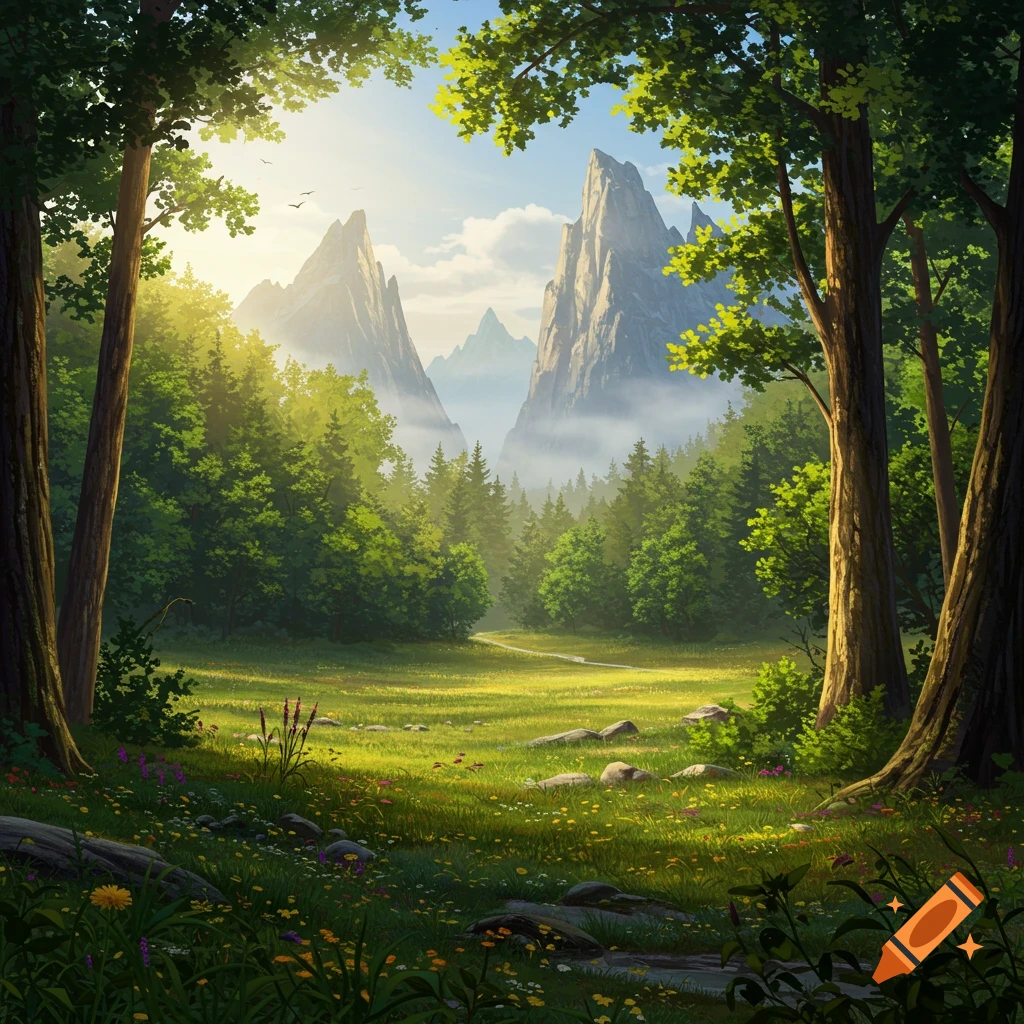 A vibrant, sunlit forest clearing with a path leading to majestic, mist-shrouded mountains under a bright sky, in a stylized illustration.