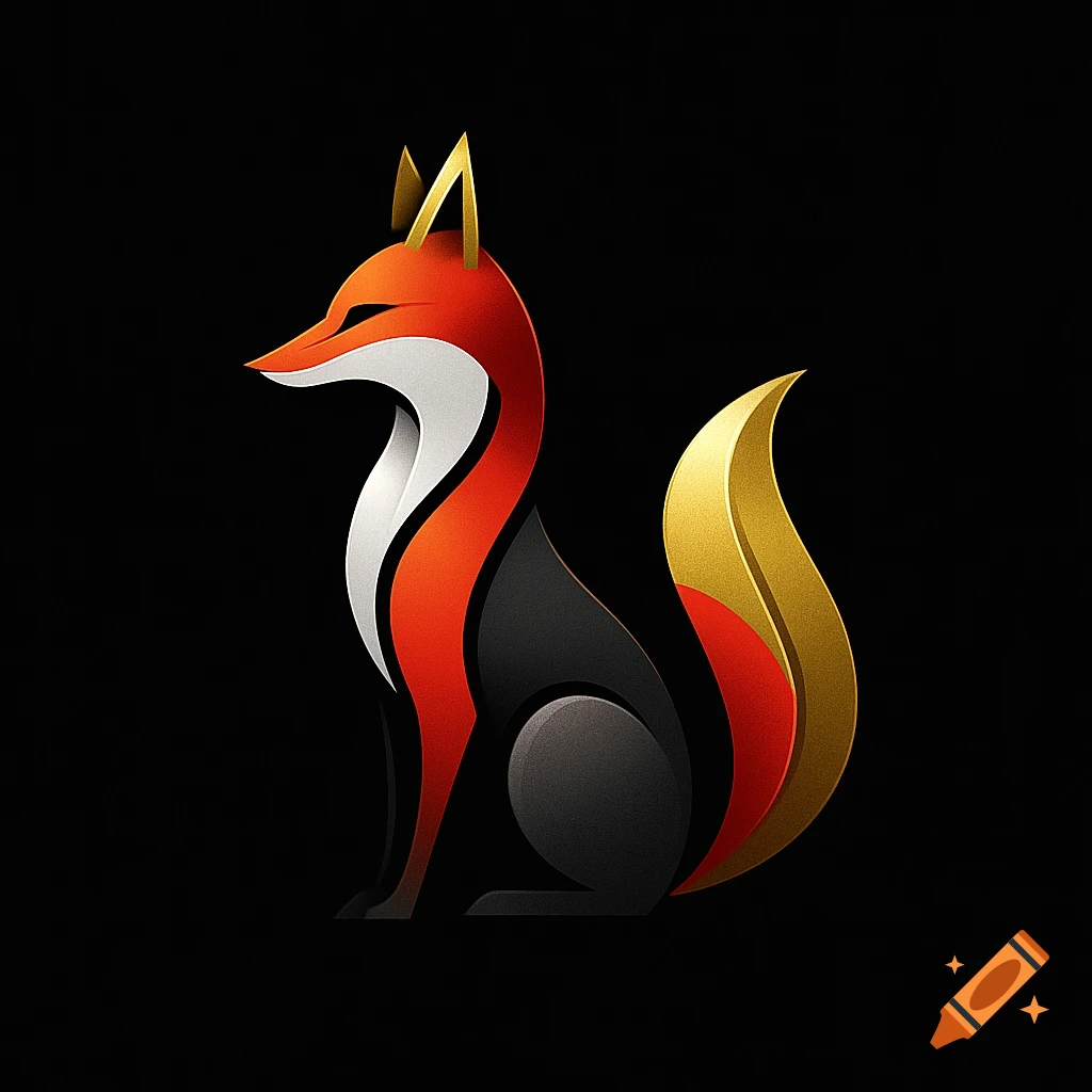 A stylized red, orange, white, gray, and gold fox logo on a black background.