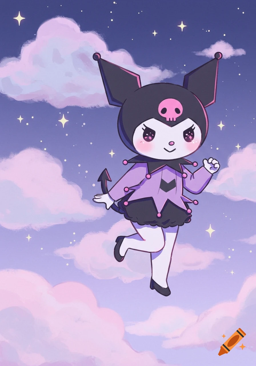 Cute cartoon of Kuromi, a black and purple character with a skull, floating among pink clouds and stars in a whimsical night sky.