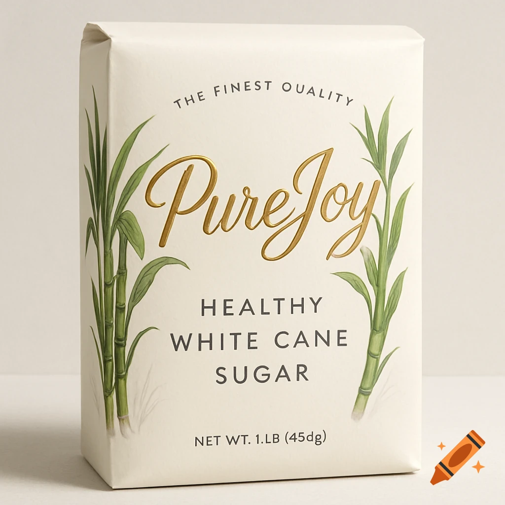 A white and gold premium sugar package with the brand name PureJoy, featuring illustrations of green sugar cane stalks on either side.