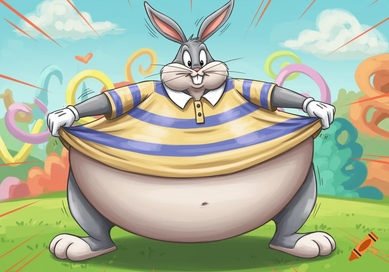 Bugs Bunny, heavily inflated, wears a yellow and blue striped polo shirt, standing in a vibrant green landscape with colorful, abstract background elements.