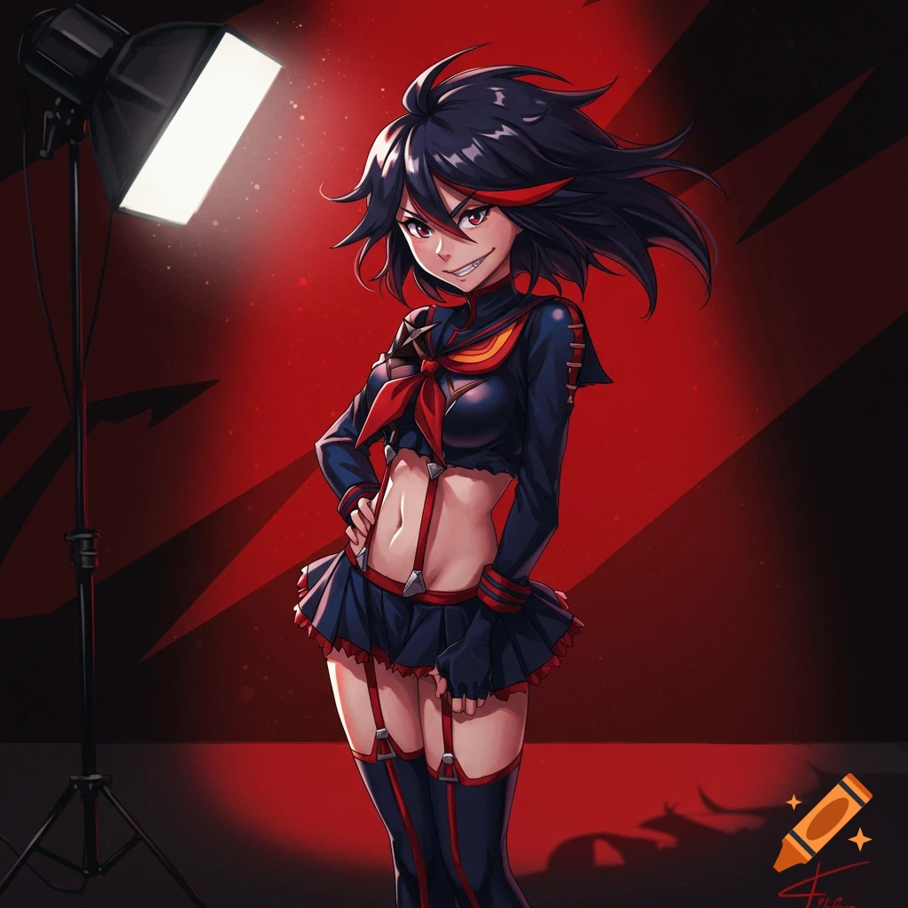 An anime character, Ryūko Matoi from Kill la Kill, stands confidently under a spotlight on a red background.