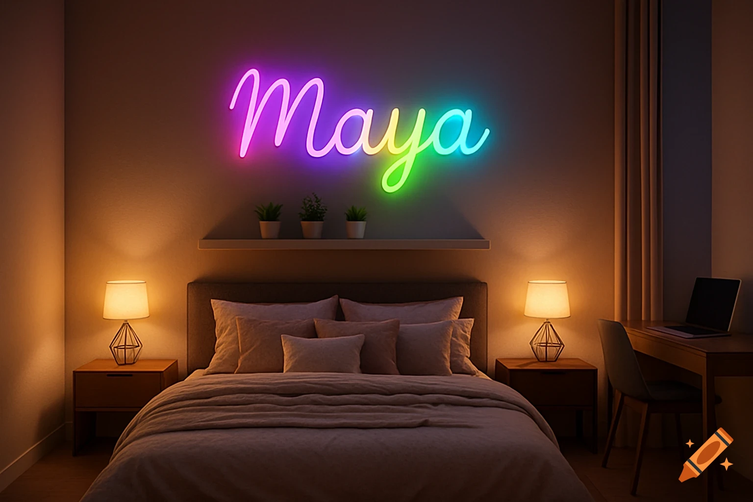 A photorealistic bedroom with a double bed, bedside tables with modern lamps, a desk with a laptop, and a colorful neon sign spelling 'Maya' above the bed.