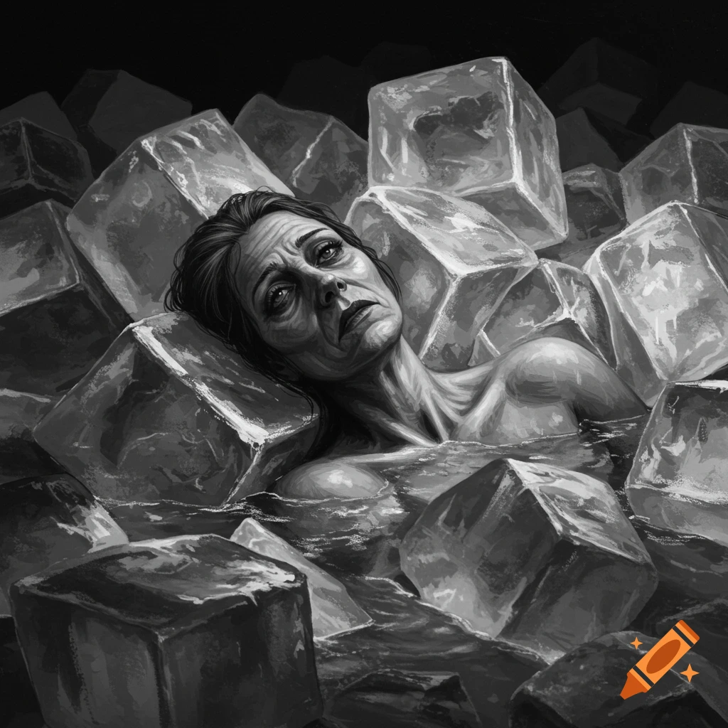 Black and white illustration of a fatigued middle-aged woman lying among large ice cubes in water, looking tired.